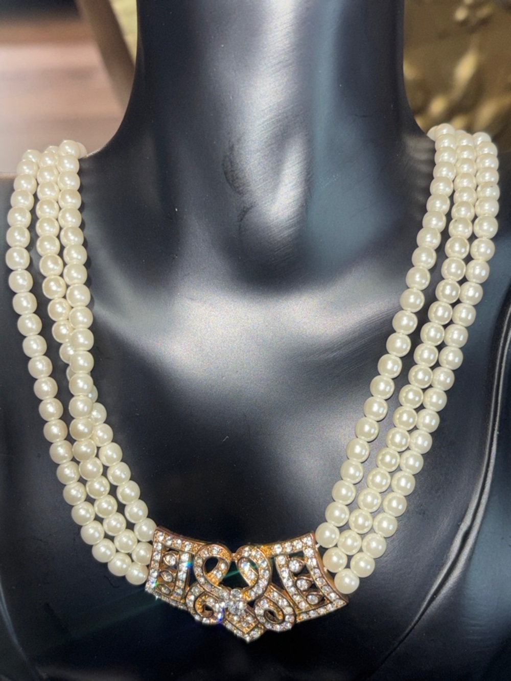 TAI JEWELRY Three-Strand Pearl Necklace w Crystal-encrusted Centerpiece (Signed) - Picture 1 of 3